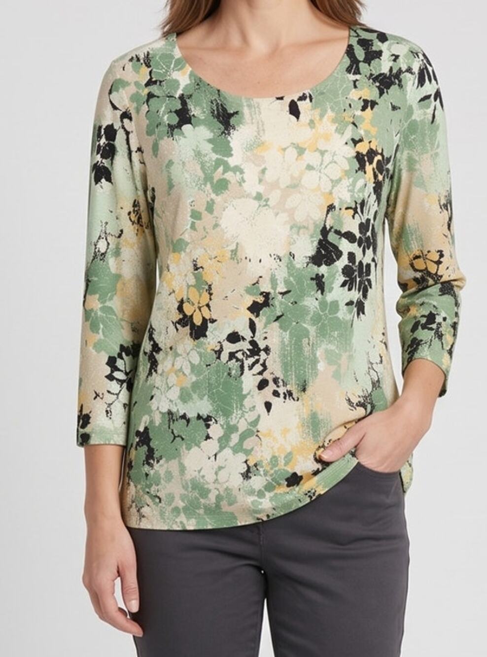 JM Collection Medium Green Floral Print Blouse classic Scoop Neck 3/4 Sleeve